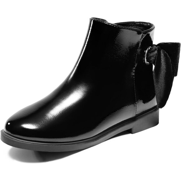 Girls Black Faux Leather Ankle Kids Bow Chunky Low Heel Side Zipper Dress  Boot